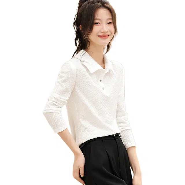 沫晗依美 简约肌理感针织纯色常规长袖翻领休闲日常便服宽松腰衬衫 女款