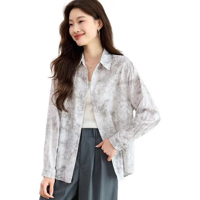 笔杏 复古百搭晕染翻领宽松休闲上衣外套高级感学院风外搭长袖夏季衬衫 女款