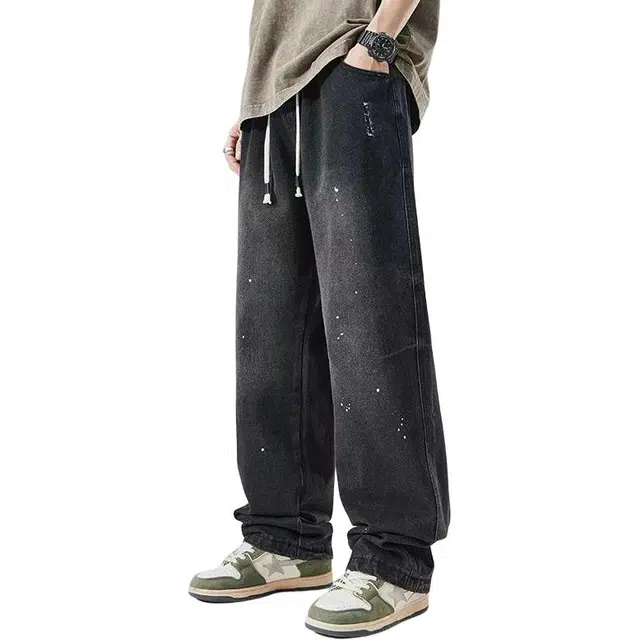 童先森 复古喷点水洗中腰长裤牛仔裤 男款