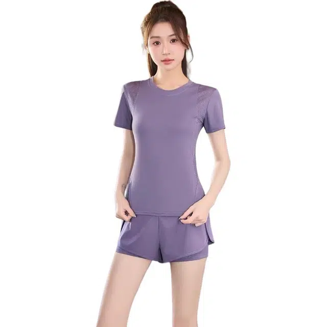 欧迪芬  女速干亲肤透气吸汗显瘦修身塑型夏季薄款女运动服两件套纯色圆领短袖上衣假两件安全短裤普拉提健身房跑步爬楼  健身套装  女款