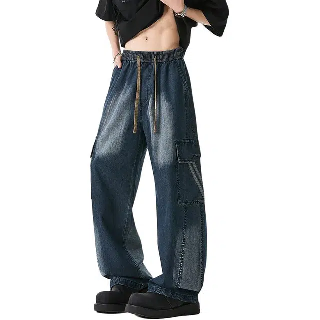 洞洞拐 美式水洗渐变男直筒宽松牛仔裤 男女同款