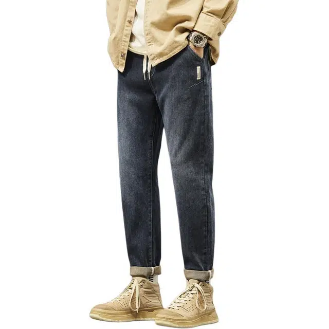 帝狼牛 美式复古水洗做旧潮流百搭潮牌宽松直筒弹力锥形裤松紧腰长裤子牛仔裤 男女同款