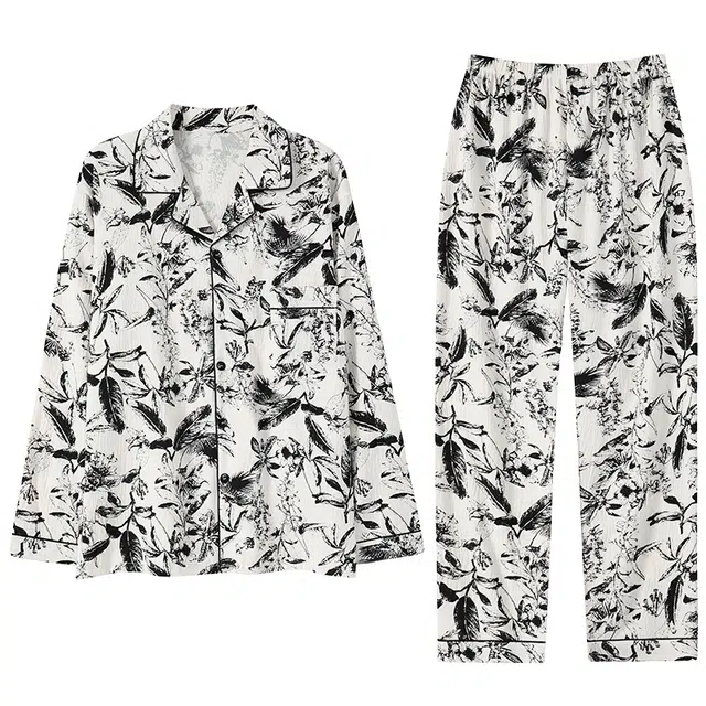 顶瓜瓜 花草满印翻领设计简约舒适可外穿家居服睡衣套装 男款