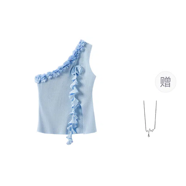 识恩 立体花朵高腰开叉飘带花边斜领女夏季不对称上衣背心 女款