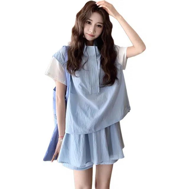 丝絮丝绸 学院风减龄假两件衬衣简约裙裤两件套休闲套装 女款