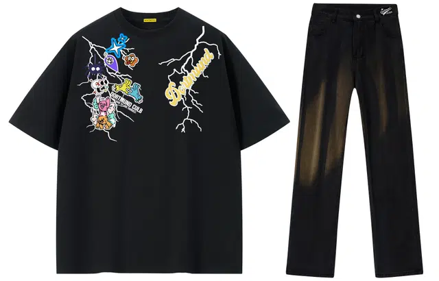 普鲁士多特蒙德 美式复古街头个性创意设计涂鸦闪电元素字母潮牌印花宽松舒适百搭透气重磅纯棉速干运动凉感短袖中腰直筒垂顺牛仔裤套装 男女同款