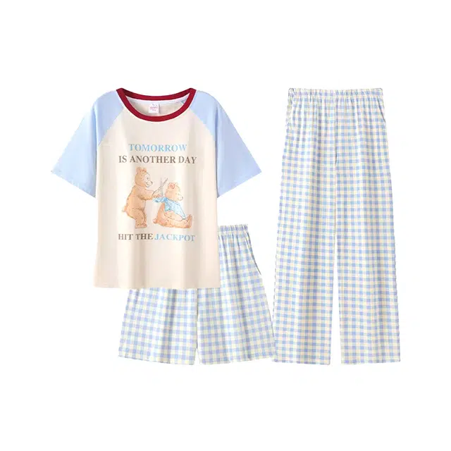 顶瓜瓜 夏季女舒适休闲柔软面料短袖三件套家居服睡衣套装 女款