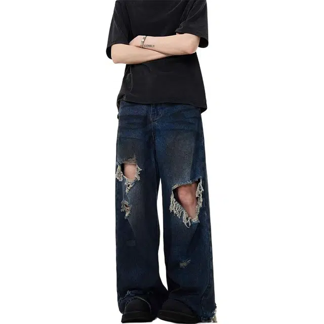 拾个壹先生 美式复古做旧破洞设计拖地小众高街宽松百搭阔腿休闲牛仔裤 男女同款