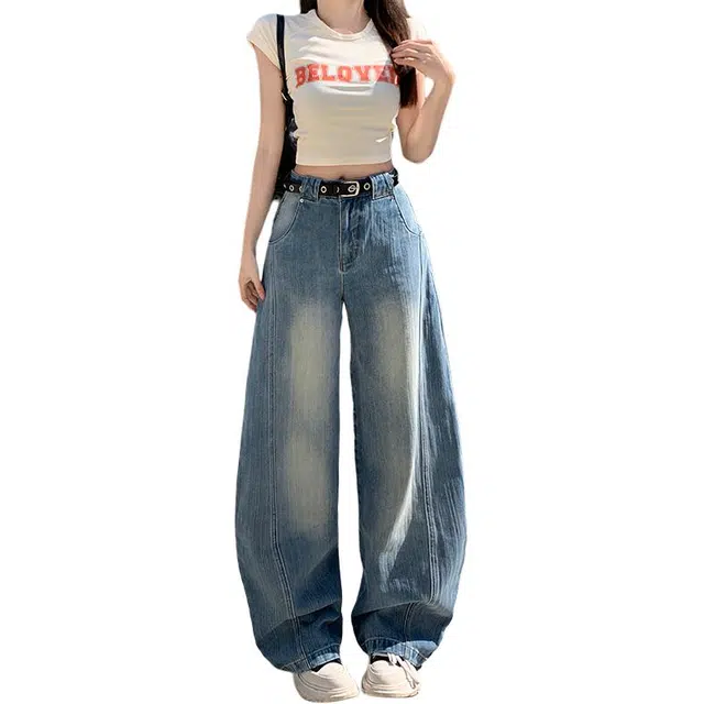 如续 美式复古高腰直筒阔腿弯刀裤女宽松马蹄拖地长裤牛仔裤 女款