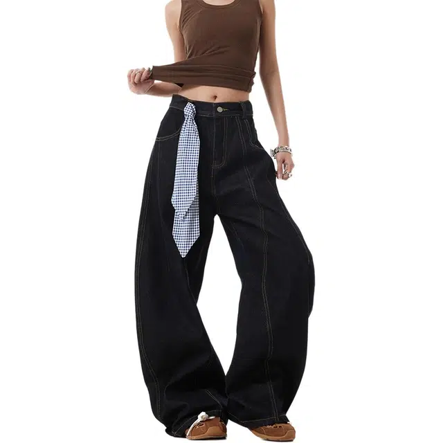 徐百货 美式复古水洗解构弯刀裤宽松阔腿设计感小众休闲拖地长裤潮流百搭牛仔裤 男女同款