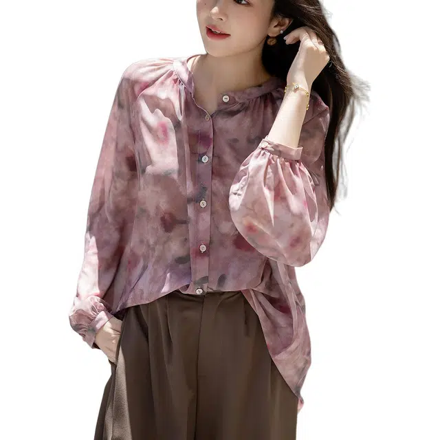 【dme】 复古飘逸印花立领宽松气质长袖衬衫 女款