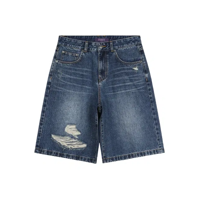 BESLOW DISTRESSED WIDE DENIM SHORTS