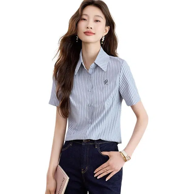 笔杏 高级小众不撞款内搭叠穿条纹减龄洋气复古短袖衬衫 女款