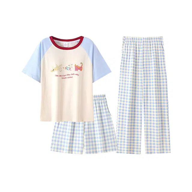 顶瓜瓜 夏季女透气舒适休闲亲肤面料短袖三件套家居服睡衣套装 女款