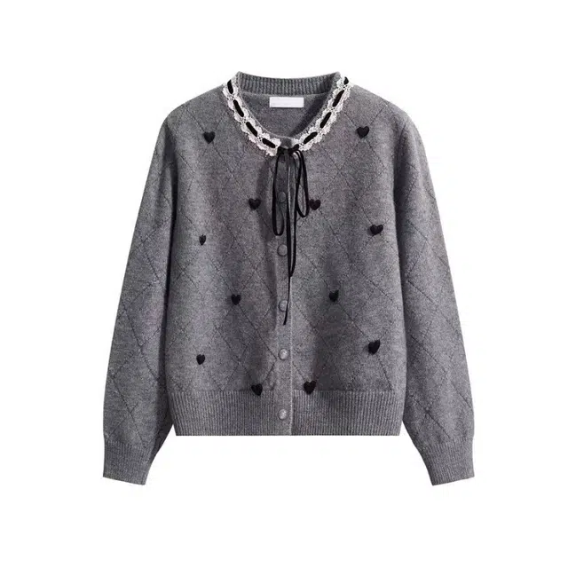 柏黛妃 法式小香风韩系蝴蝶结开衫爱心蕾丝圆领针织衫 女款