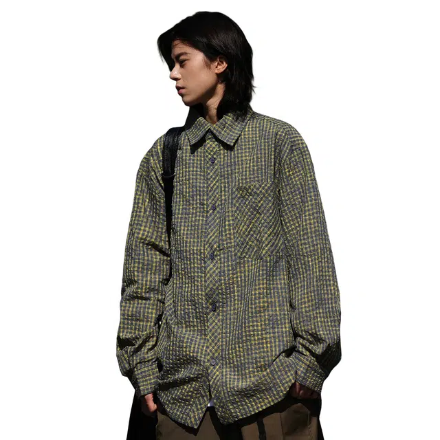 北欧攻略 美式复古简约细纹小格子显瘦慵懒风松弛感初秋衬衣外套翻领长袖衬衫 男女同款