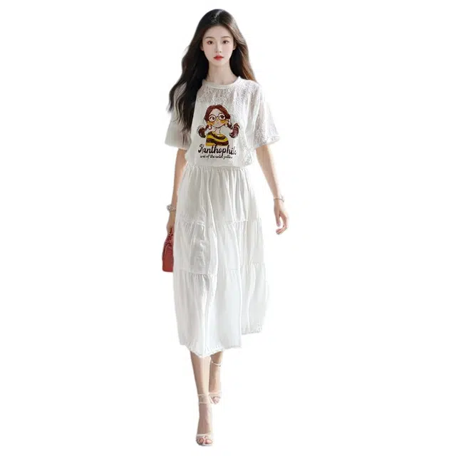 丝絮丝绸 洋气小众法式时尚气质减龄蕾丝上衣蛋糕裙两件套裙装套装 女款