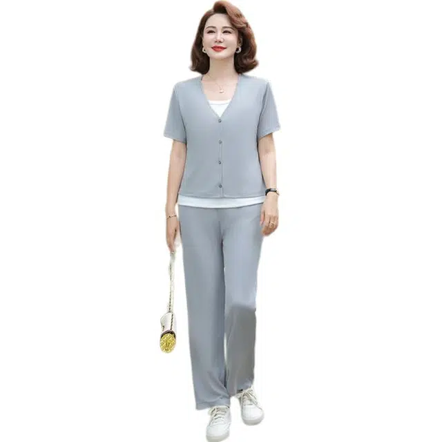 沐晓欣 妈妈夏装洋气中年女士假两件短袖上衣中老年女装时尚小衫休闲套装 女款