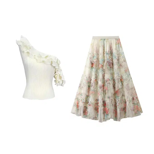 敲模女孩 纯欲风斜肩荷叶边无袖针织上衣高腰重工钉珠不规则印花大摆蛋糕裙裙装套装 女款