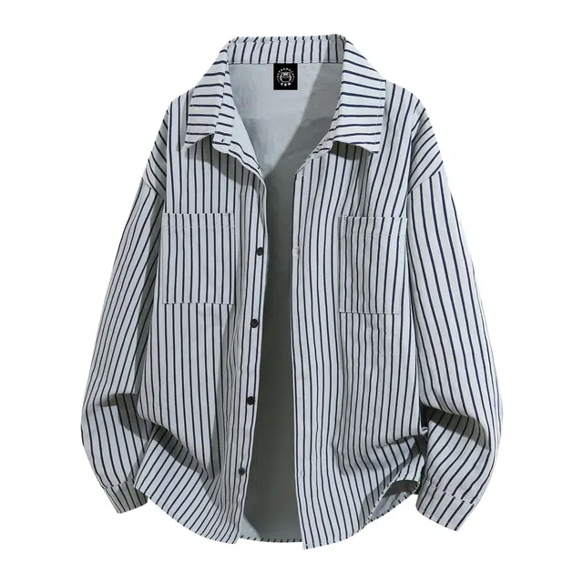 吾皇猫 日系休闲学院风宽松舒适百搭通勤条纹格子开衫纽扣翻领落肩长袖衬衫 男女同款