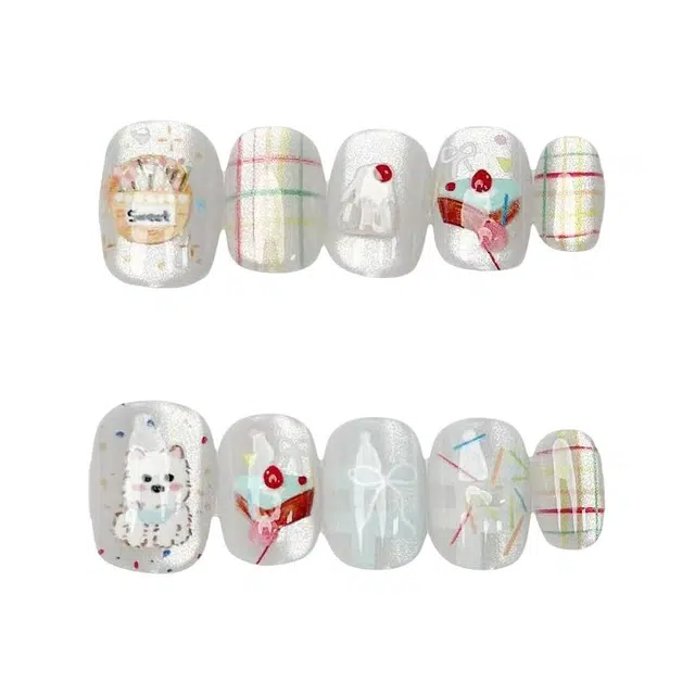 计轩 手工穿戴短款合集新猫眼指甲高级贴片美甲卡通小狗款新年美甲  中梯卡通小狗跳色 可爱