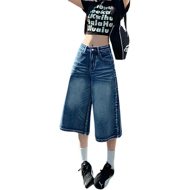 如续 如续美式高街复古阔腿七分牛仔裤夏装高腰显瘦宽松直筒中裤短裤 女款