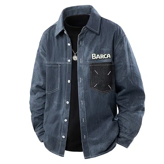 巴塞罗那足球俱乐部 美式高街翻领复古渐变印花百搭宽松透气高级感舒适时尚长袖牛仔衬衫 男女同款
