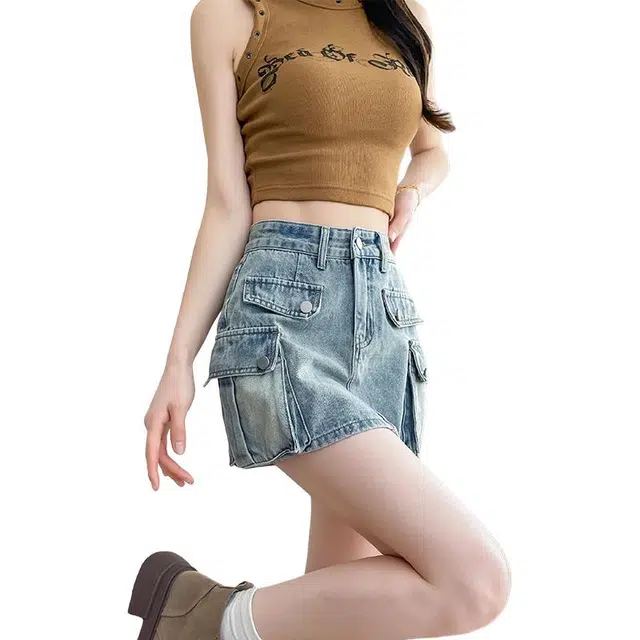 如续 美式复古工装韩版小个子设计感修身显瘦包臀裙牛仔短裙 女款