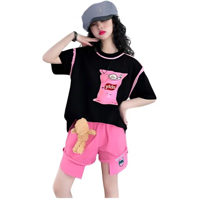 木木兔休闲运动套装 时髦洋气女童衣服夏装短袖大童潮牌小学生带小熊女孩 女款