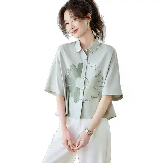 笔杏 美式复古刺绣宽松翻领纯棉上衣设计感青春减龄短袖衬衫 女款