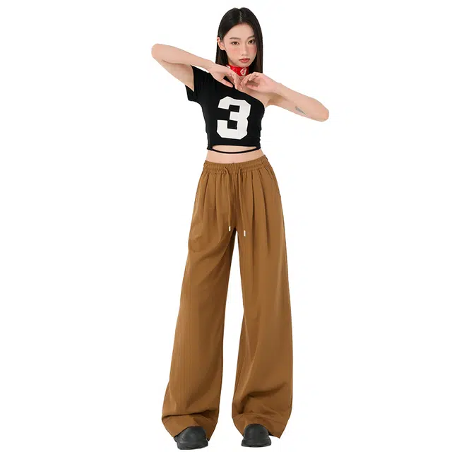 玫丝朵 美式慵懒风高腰宽松显瘦垂感通勤百搭褶皱拖地休闲裤 女款