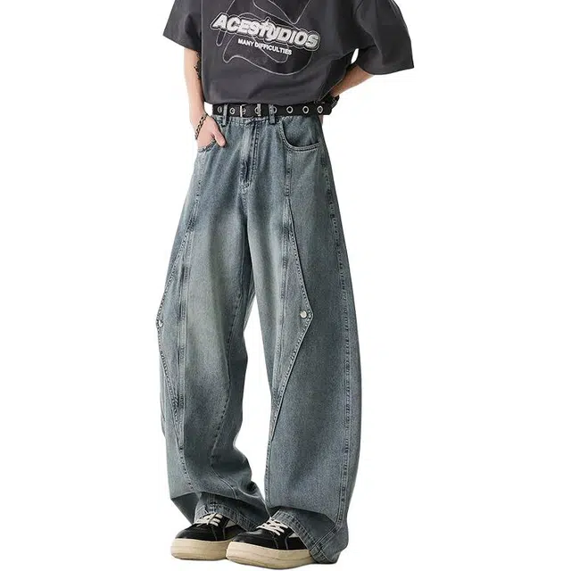 洞洞拐 铆钉小众工装男浅系穿搭牛仔裤 男女同款