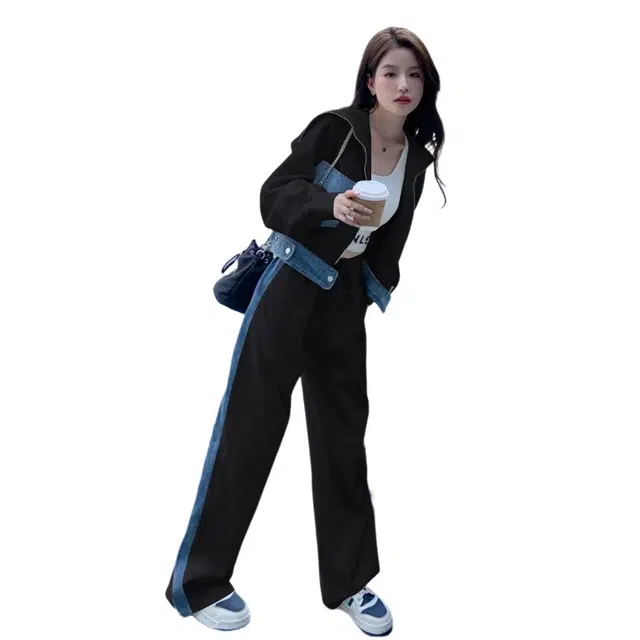 丝絮丝绸 牛仔拼接学院风设计感外套长裤两件套休闲套装 女款