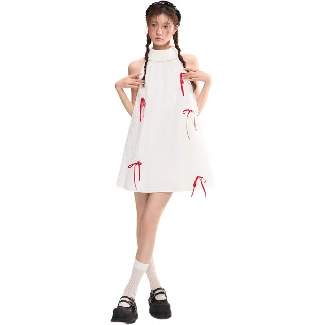 囍鱼少女 复古甜美蝴蝶结挂脖收腰修身无袖连衣裙 女款