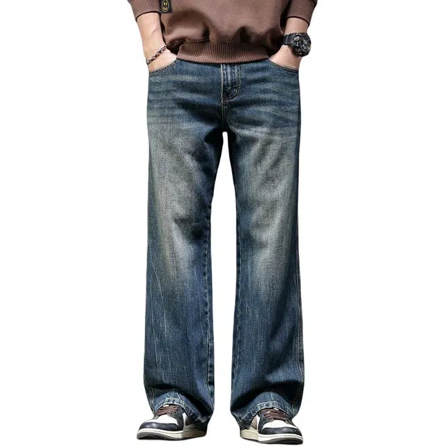 潮人榜 秋季美式复古重磅水洗直筒长裤男士潮牌休闲男裤宽松牛仔裤 男款