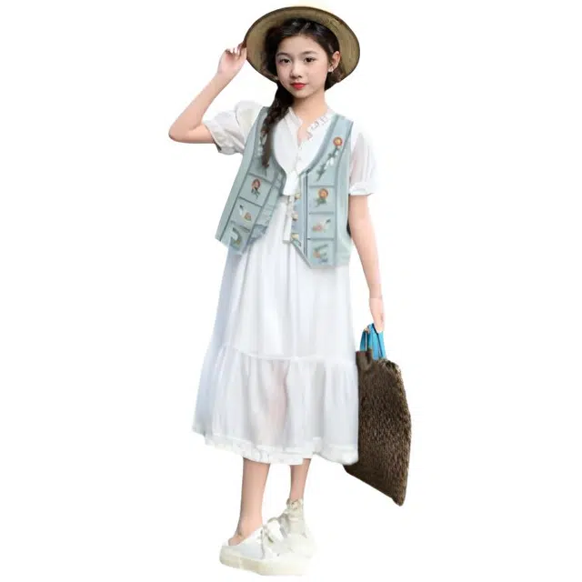 木木兔裙装套装 时髦洋气女童夏装衣服大童潮牌短袖小学生刺绣太阳花牛仔马甲裙子女孩