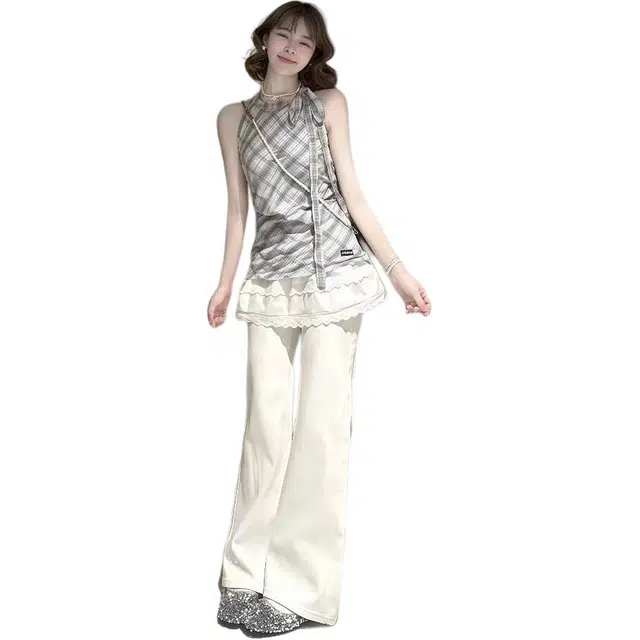 敲模女孩 韩系甜美风蕾丝拼接格子挂脖上衣高腰宽松牛仔裤休闲套装 女款