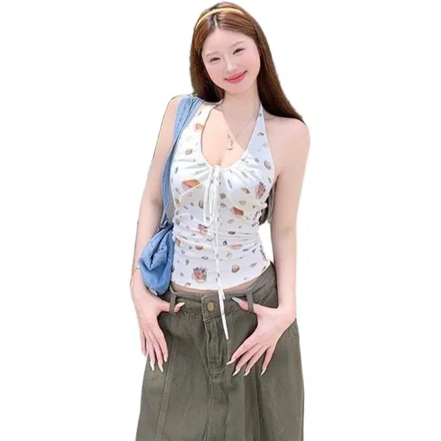 囍鱼少女 印花挂脖露背背心修身设计辣妹短款上衣外穿吊带 女款