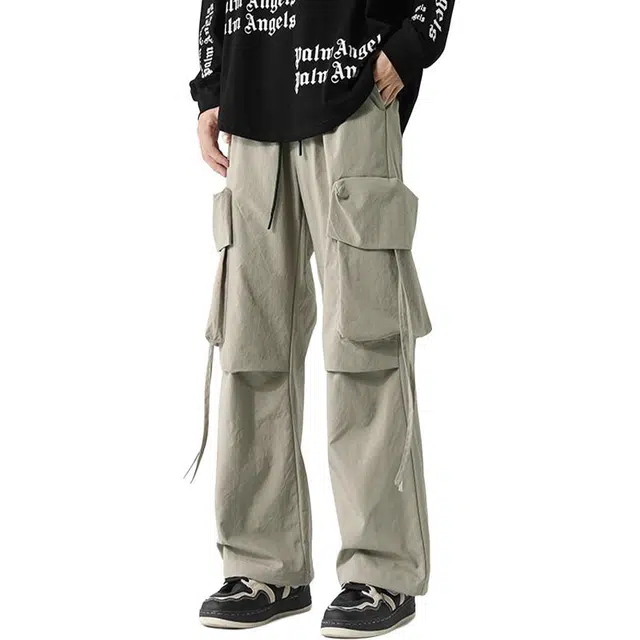佐菲利 美式复古飘带直筒伞兵夏季薄款宽松潮流百搭阔腿休闲长裤工装裤 男女同款