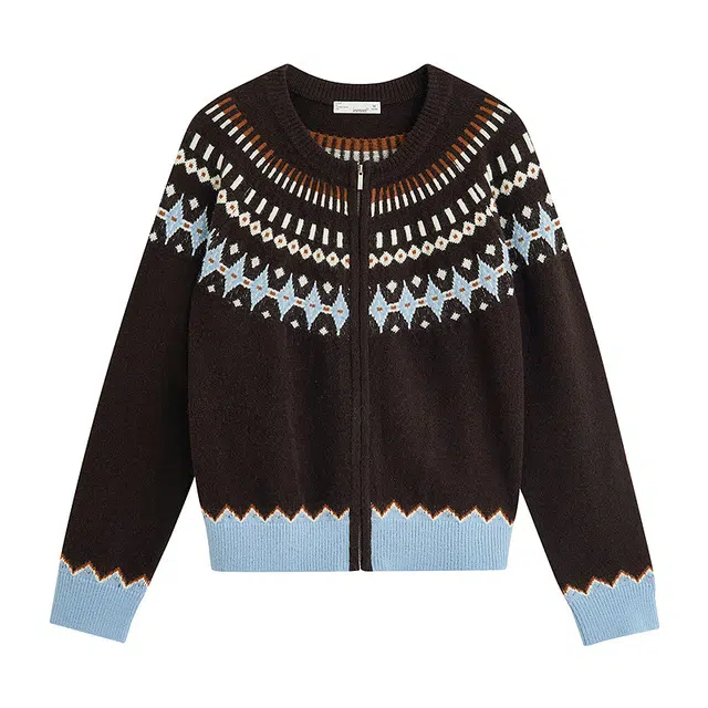 茵曼 几何图案宽松适中圆领长袖毛衣 女款