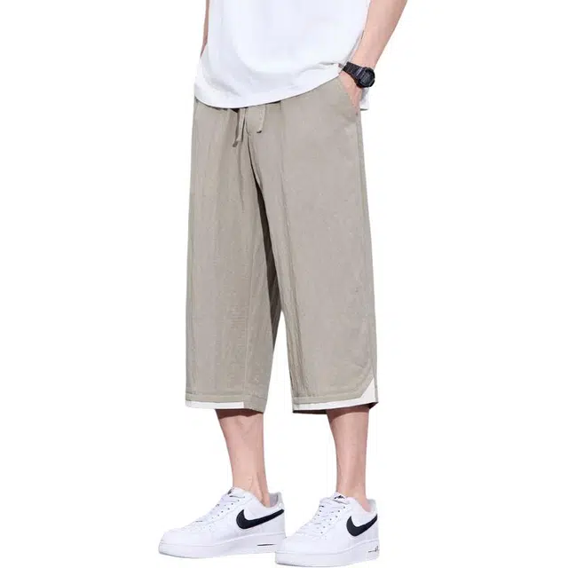 童先森 超薄款七分亚麻纯色中腰休闲短裤 男款