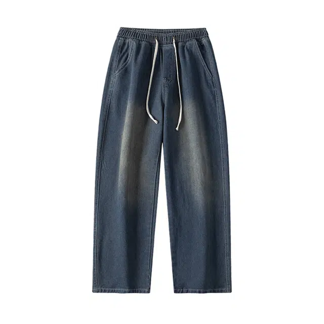 八哥 美式春秋季复古高街风纯色做旧水洗系带基础款直筒裤时尚百搭宽松个性垂感休闲牛仔裤 男女同款