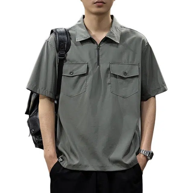 前进牛 美式休闲极简侘寂风潮牌轻奢高级感宽松工装半拉链翻领休闲宽松多口袋衬衣短袖衬衫 男女同款