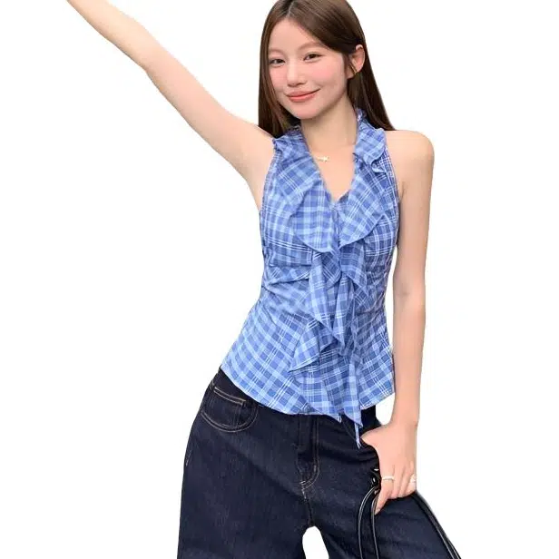 囍鱼少女 纯欲气质荷叶边美背格子挂脖收腰显瘦吊带 女款