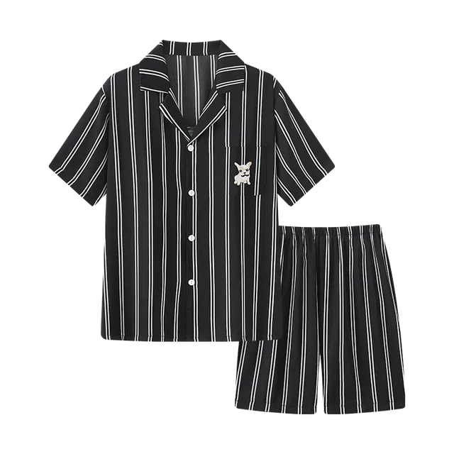 俏霓桐 夏季简约时尚休闲条纹可爱卡通凉感冰雪丝家居服可外穿睡衣套装 男款