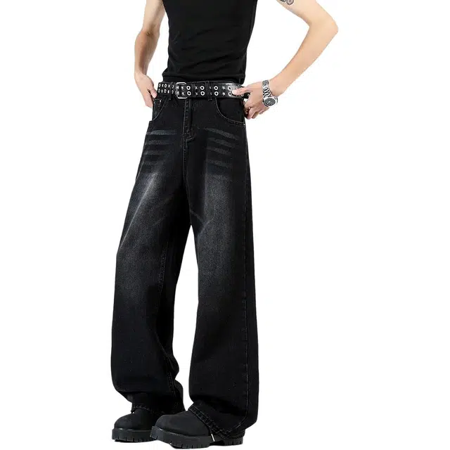 童先森 高街宽松微喇中腰长裤牛仔裤 男款