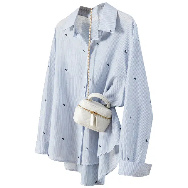 她池 条纹刺绣简约单排扣落肩袖长袖翻领通勤长袖衬衫 女款 蓝色条纹