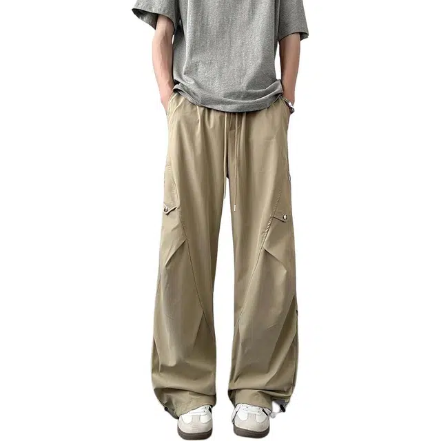 佐菲利 冰丝工装裤褶皱设计感速干伞兵裤夏季薄款宽松阔腿裤美式弯刀裤休闲裤 男女同款