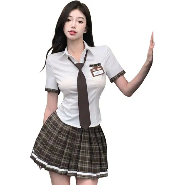 囍鱼少女 学院风纯欲甜美辣妹时尚女夏季领带衬衫格纹百褶半身裙两件套裙装套装 女款