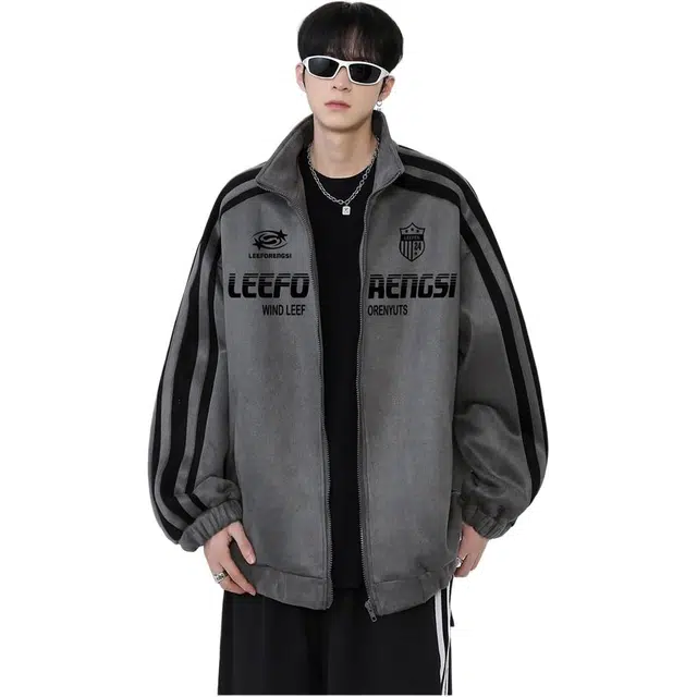 颂希尔 美式潮牌侧条纹棒球服秋冬季麂皮绒高街痞帅外套潮流宽松百搭夹克 男女同款